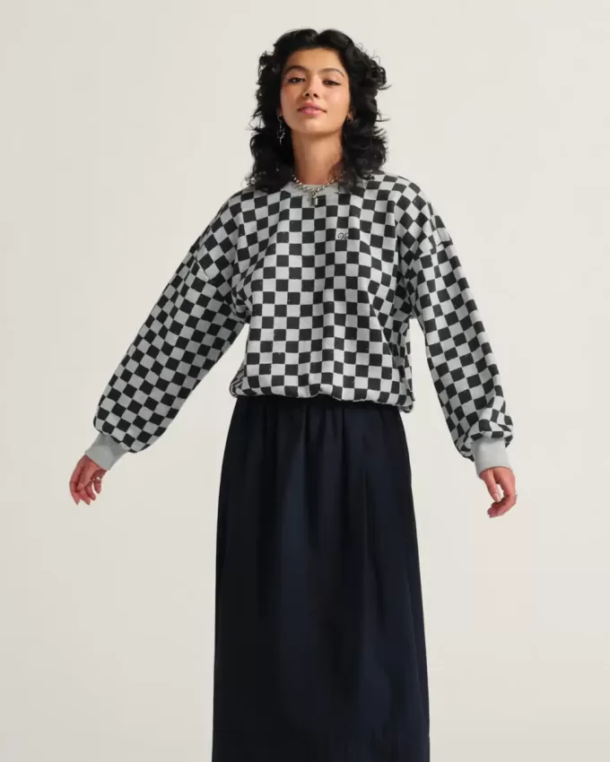 Retro-Sweatshirt mit Schachbrettmuster und Rundhalsausschnitt
